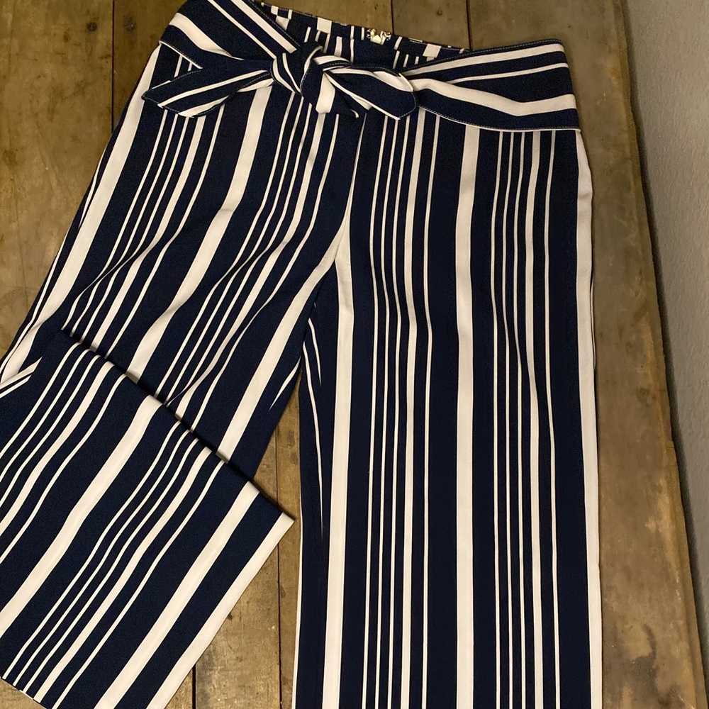 White & Navy Striped Dress Pants w/ tie in front
